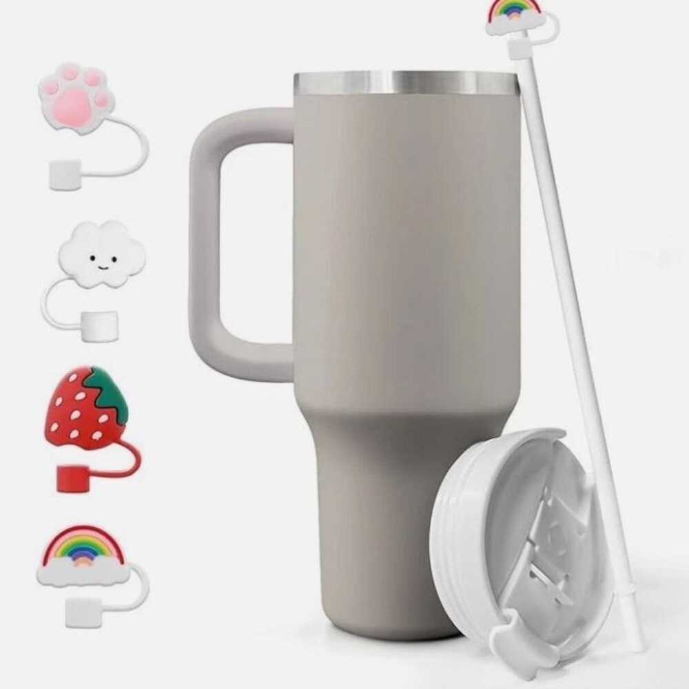 40 OZ Warm Gray Tumbler With Handle & Straw, Toppers/ NIB